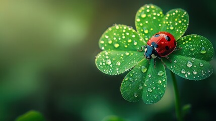Fototapeta premium A ladybug perched on a four-leaf clover with water droplets, green background.