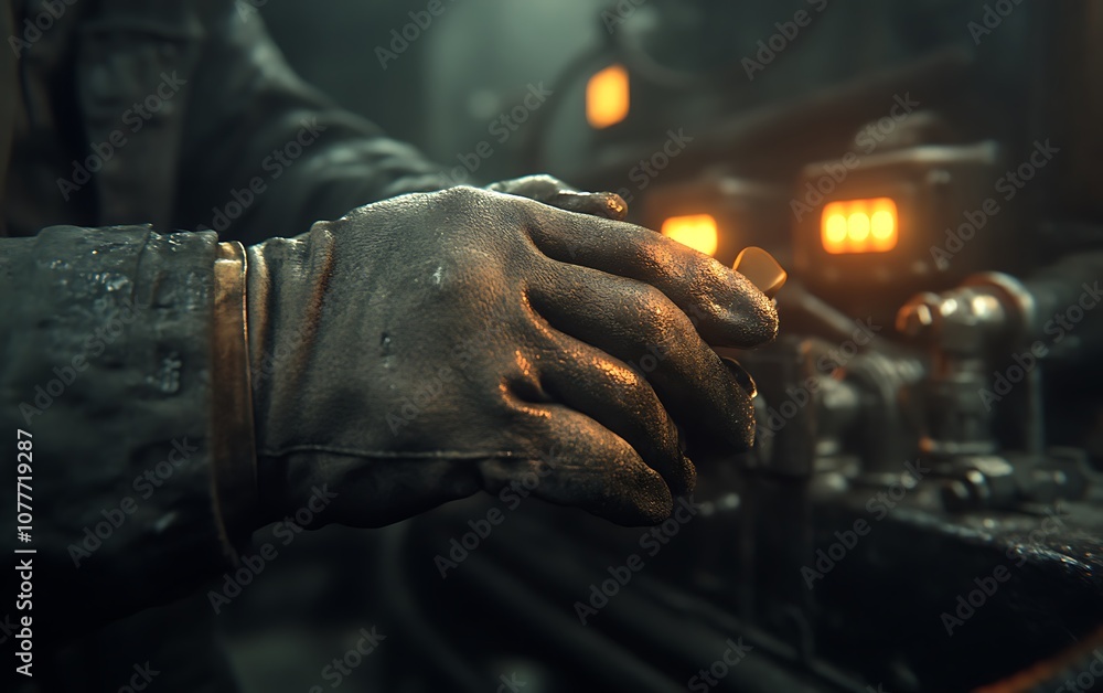Poster A close-up of gloved hands, stained and oily, working on a machine amidst dim lighting and illuminated control panels.