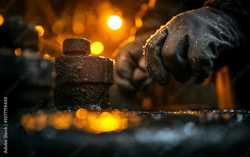 Poster A close-up of gloved hands working with metal pieces, illuminated by warm, ambient light, showcasing the craftsmanship and detail in a workshop setting.
