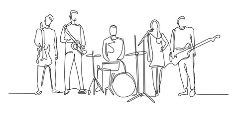 Obraz premium continuous line drawing of a group of band players.one line drawing of band personnel standing with musical instruments.single line vector illustration of a group of musicians.isolated white backgroun