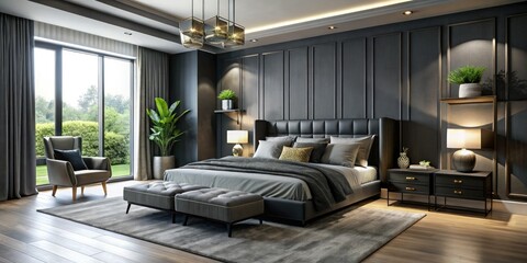 Transform your living space with stylish grey walls and sleek black furniture, achieving a modern bedroom aesthetic that exudes elegance and contemporary charm.
