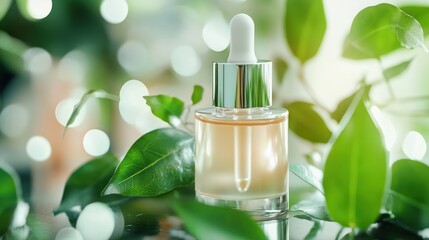 A glass dropper bottle with a silver cap filled with transparent liquid sits on a bed of green leaves.