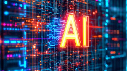 Glowing AI chips surrounded by intricate digital circuits and holographic data streams, representing the fusion of artificial intelligence and futuristic technology.