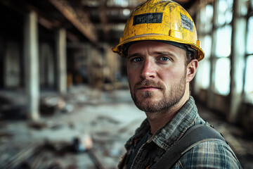 A determined Caucasian male construction worker stands in a weathered industrial setting, wearing a yellow safety helmet, conveying resilience and focus.