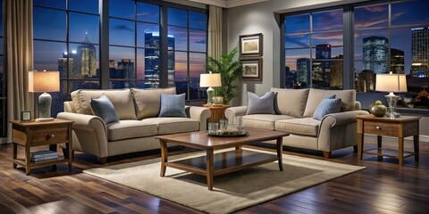 Fototapeta premium Transform your living space with the Carter furniture set, showcasing a contemporary sofa, stylish chair, and trendy coffee table, ideal for modern home decor enthusiasts.