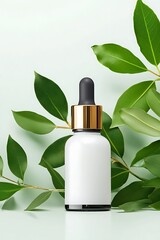 A bottle of perfume is sitting on a green leaf