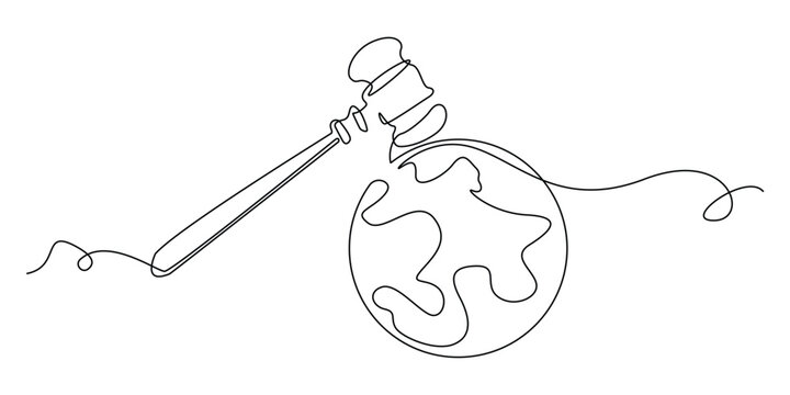 recommend clip art: continuous line drawing of judge's hammer and globe.one line drawing of judge's hammer hitting globe.single line vector illustration.isolated white background