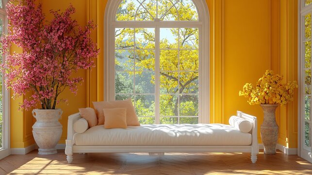 yellow virtual empty room background backdrop banner image with window for online presentations and zoom meetings