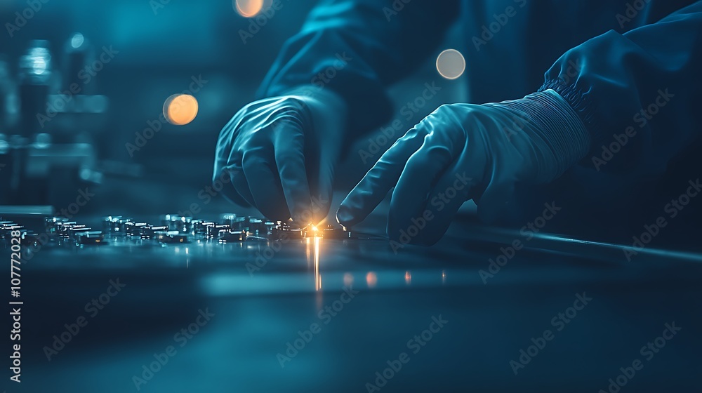 Poster a focused worker uses precision tools in a dimly lit environment, highlighting craftsmanship and inn