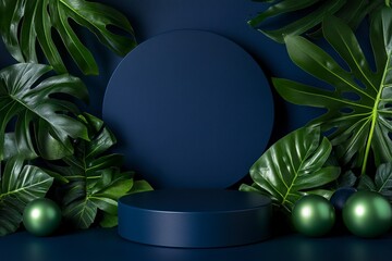 studio background in navy blue color with circular piedestal in the front, product photography, green levitatin balls background, generative ai