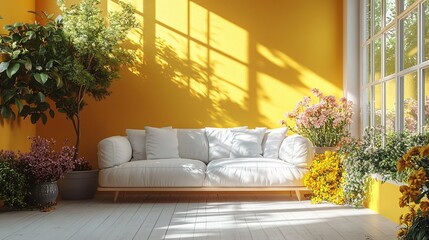 yellow virtual empty room background backdrop banner image with window for online presentations and zoom meetings