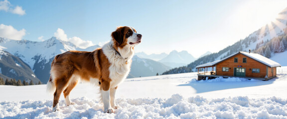 Alert dog stands in snow against snowy mountain backdrop