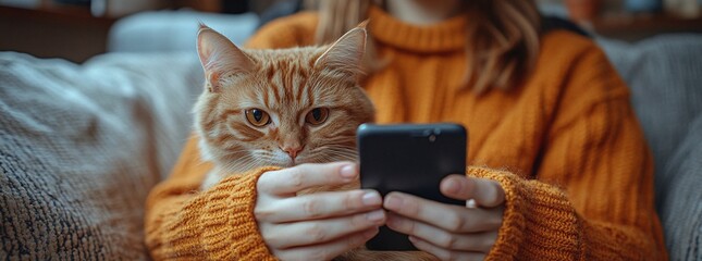 Woman with scottish kitten on the sofa with phone chatting using smartphone types message pet and owner communication human and animal friendship.