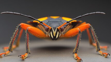 A close-up of a colorful bug with orange and black markings, looking directly at the camera.