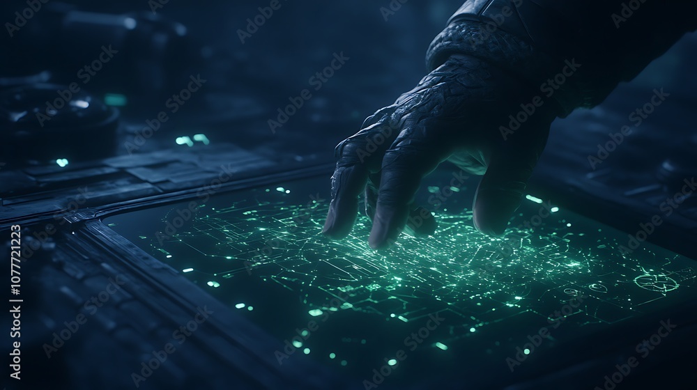 Poster a hand hovers over a glowing, digital surface filled with vibrant green light, creating a futuristic