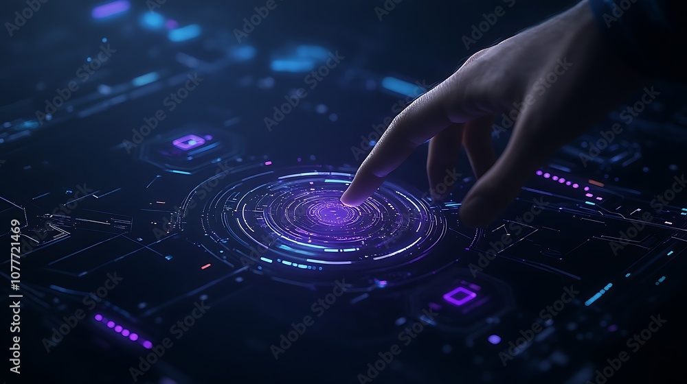 Poster A hand reaching towards a glowing, futuristic interface with vibrant, pulsating patterns and colors, symbolizing technology and interaction.