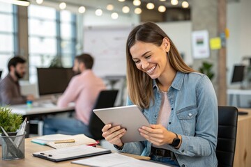 Reading and woman in office with tablet, schedule or creative developer at digital agency. Planning, happy designer or consultant at tech startup with notes, agenda or admin in coworking space