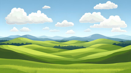 Fototapeta premium A picturesque panorama of rolling green hills under a blue sky with fluffy clouds.