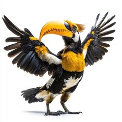 Fototapeta premium A yellow and black toucan with its wings spread wide, standing on a white background.