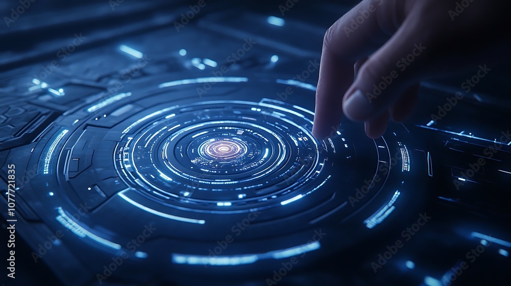 Poster A close-up of a hand interacting with a glowing, futuristic interface, depicting a dynamic circular pattern with bright lights.