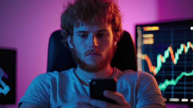 A focused individual studies data on a smartphone, surrounded by ambient lighting and charts on computer screens, indicating a tech-savvy environment.