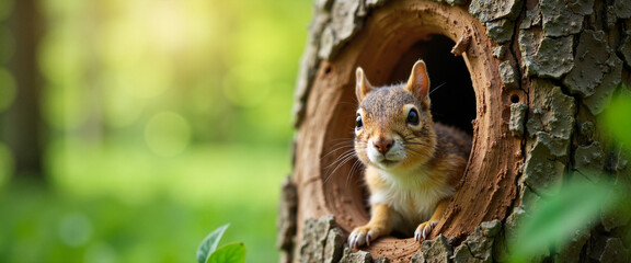 Squirrel peeking from tree hole in green forest