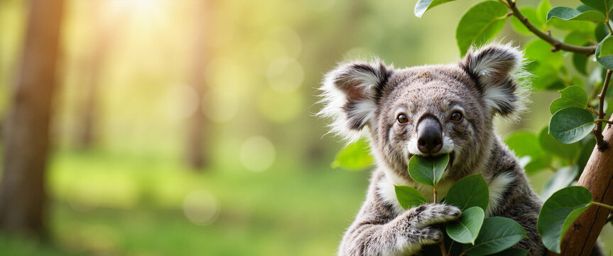 Cute koala bear eating eucalyptus leaves in forest