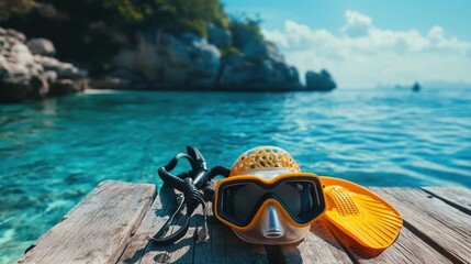 Snorkeling gear laid out on a wooden pier overlooking a tropical ocean.