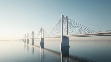Fototapeta premium A modern cable-stayed bridge spanning a calm body of water under a clear sky.