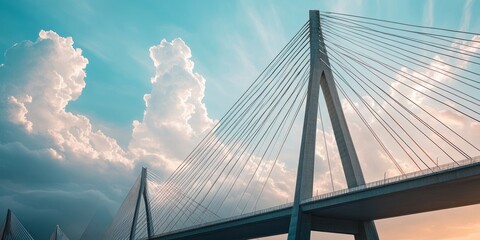 A modern cable-stayed bridge against a dramatic sky with clouds.