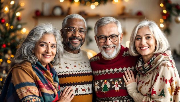 Diverse group of mature friends wearing festive Christmas sweaters smiling together, with holiday decorations and bokeh lights in background. Cozy winter gathering.