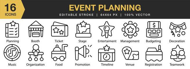 Event Planning icon set. Editable Stroke Icon Collection. Includes booth, budgeting, decoration, entertainment, and More. Outline icons vector collection.