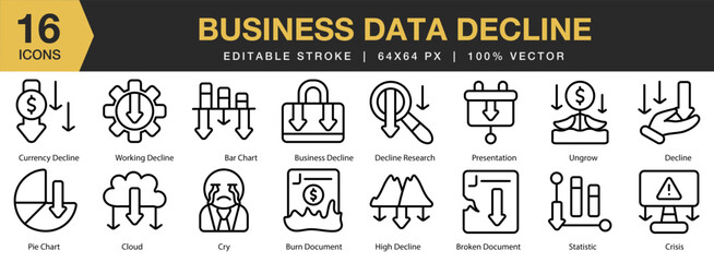 Business Data Decline icon set. Editable Stroke Icon Collection. Includes bar chart, broken document, business decline, cloud, crisis, and More. Outline icons vector collection.