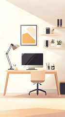 Modern home office with wooden desk, computer, chair, lamp and art print.