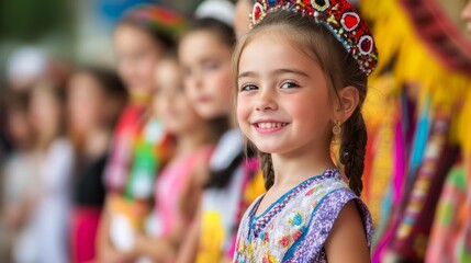 Fototapeta premium A group of kids participating in a multicultural festival, wearing traditional clothes, lively atmosphere