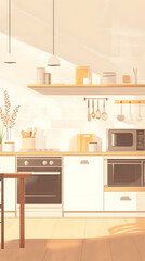 Modern kitchen interior with sunlight shining through the window, showcasing a minimalist design with white cabinets, wooden countertops, and a black oven.