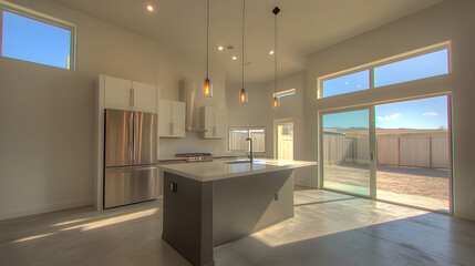 Modern kitchen with island, stainless steel appliances, and sliding doors leading to backyard.
