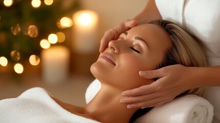 Massage therapist performing gentle facial massage in a warm, ambient spa setting, creating a serene and relaxing atmosphere for the calm client, enhancing wellness and relaxation in a modern spa room