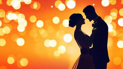 A romantic silhouette of a couple in love against a warm, bokeh background.
