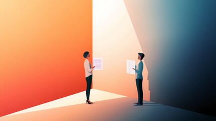 Obraz premium Two business people review documents in a brightly lit room.