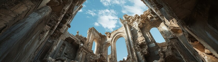 Obraz premium A view of ancient ruins with arches and a blue sky above, showcasing historical architecture.