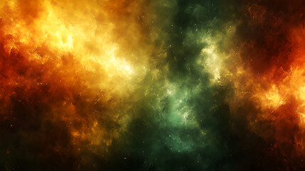  Vibrant Colors on Nebula Background with Dark Green and Orange Gradient, Space and Fire Elements, Cosmic Energy and Galactic Vistas