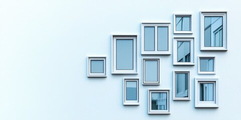 A collection of various window frames arranged artistically on a light wall.