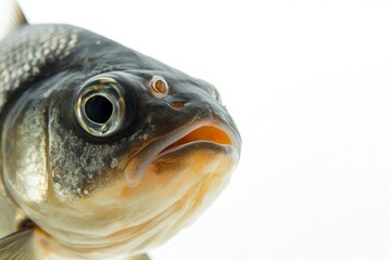 Close-up portrait of a fish with a white background.