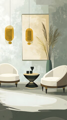 Two white armchairs with a small table in between, featuring decorative plants, a painting, and golden pendant lights, all in a minimalist style.