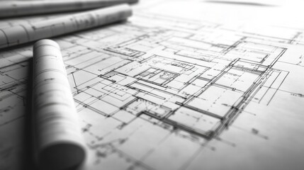 Architectural blueprint with rolled plans, showcasing design details.