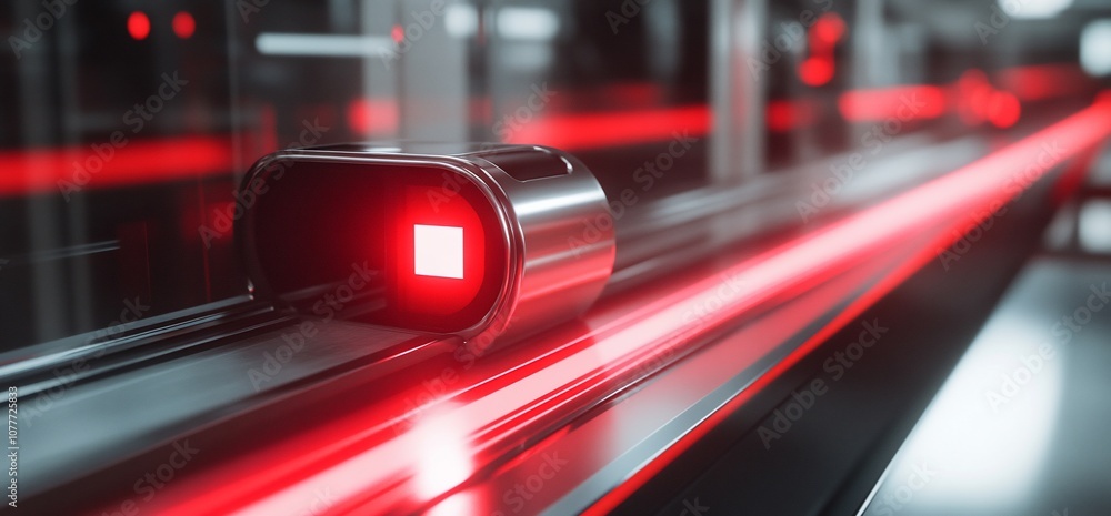 Aufkleber Close up of a metallic object with a red light on a conveyor belt with a red light strip running through it.