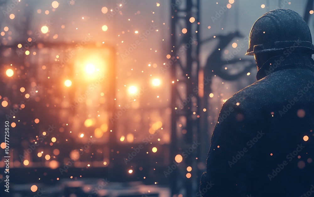 Aufkleber A person stands in snowfall, gazing at a glowing sunset through blurred lights, creating a serene winter atmosphere filled with depth and emotion.