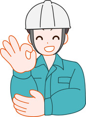 ヘルメットを被り、作業服を着た笑顔でOKする笑顔のデフォルメ男性のイラスト