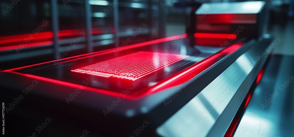 Poster Close up of a red light illuminated conveyor belt with a grid pattern on top.